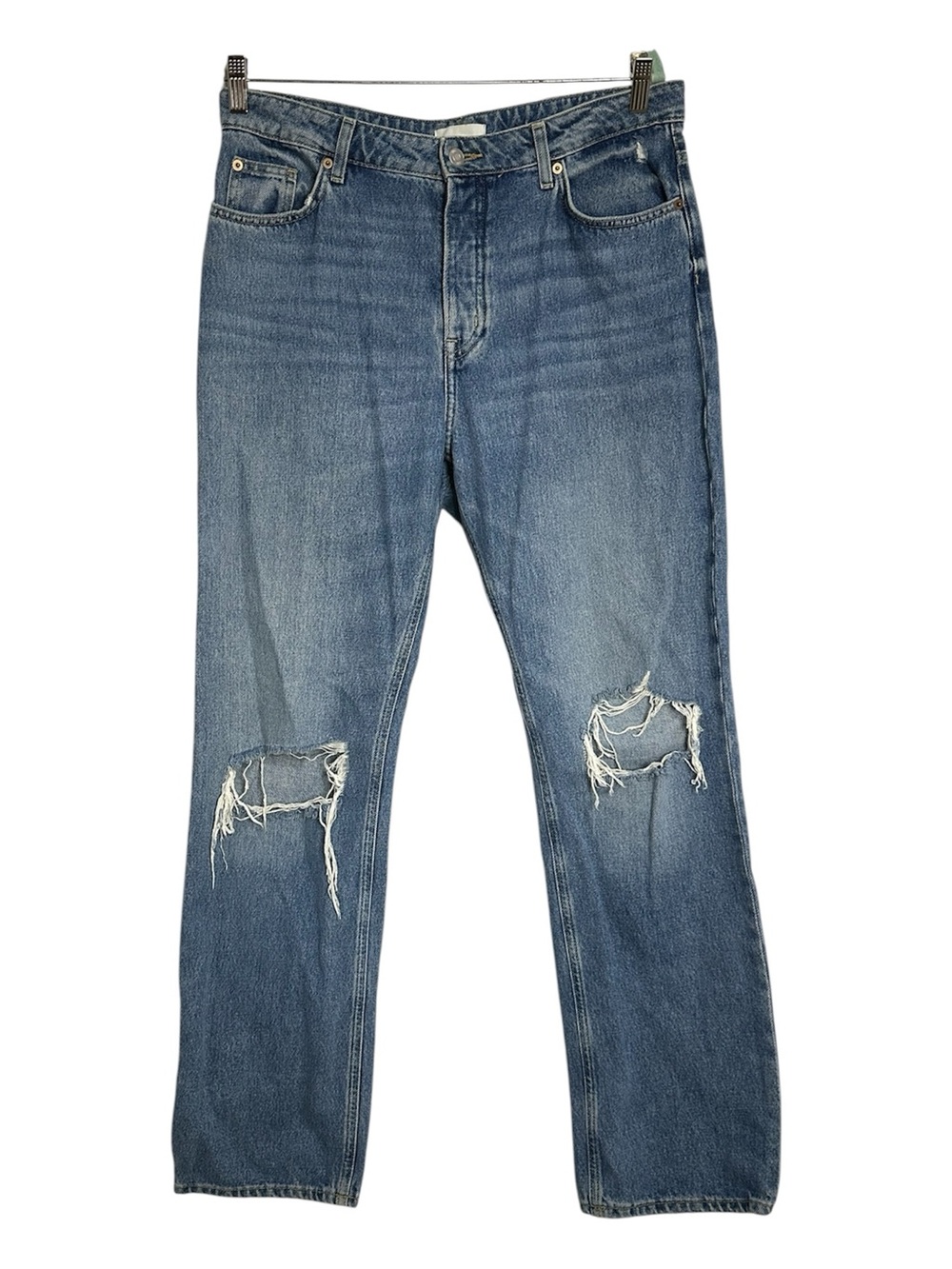 H&M Distressed Button Fly Straight Leg Jeans Women’s 12 Light Wash 100% Cotton